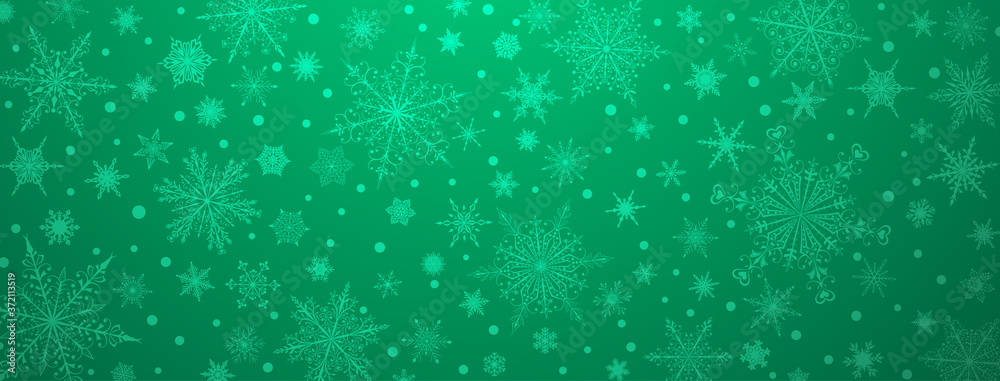 Christmas background of various complex big and small snowflakes, in green colors