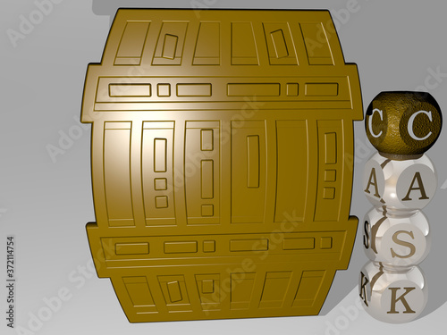 CASK 3D icon beside the vertical text of individual letters, 3D illustration for barrel and alcohol