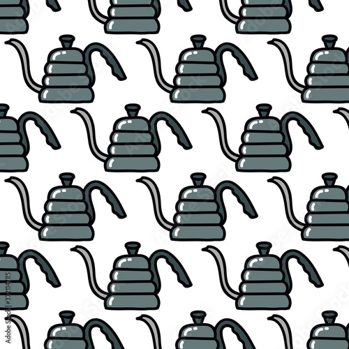 coffee kettle seamless doodle pattern, vector color illustration