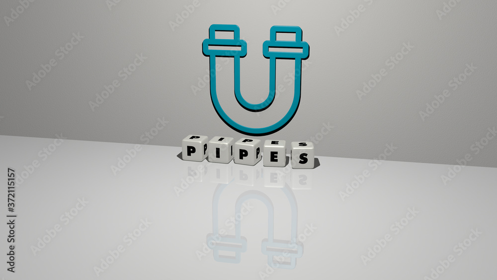 PIPES text of cubic dice letters on the floor and 3D icon on the wall, 3D illustration for construction and industrial PIPES text of cubic dice letters on the floor and 3D icon on the wall, 3D illustration for construction and industrial