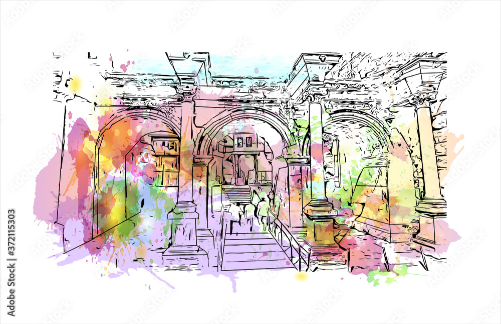 Fototapeta premium Building view with landmark of Antalya is a Turkish resort city with a yacht-filled Old Harbor and beaches flanked by large hotels. Watercolor splash with hand drawn sketch illustration in vector.