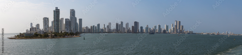 Fototapeta premium Panoramic view of the harbour and new town as seen from the sea, Cartagena, Colombia