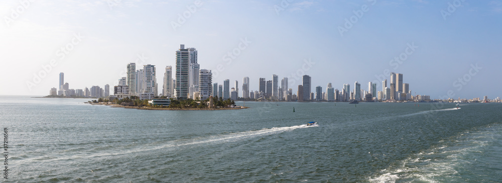 Panoramic view of the harbour and new town as seen from the sea, Cartagena, Colombia Panoramic view of the harbour and new town as seen from the sea, Cartagena, Colombia