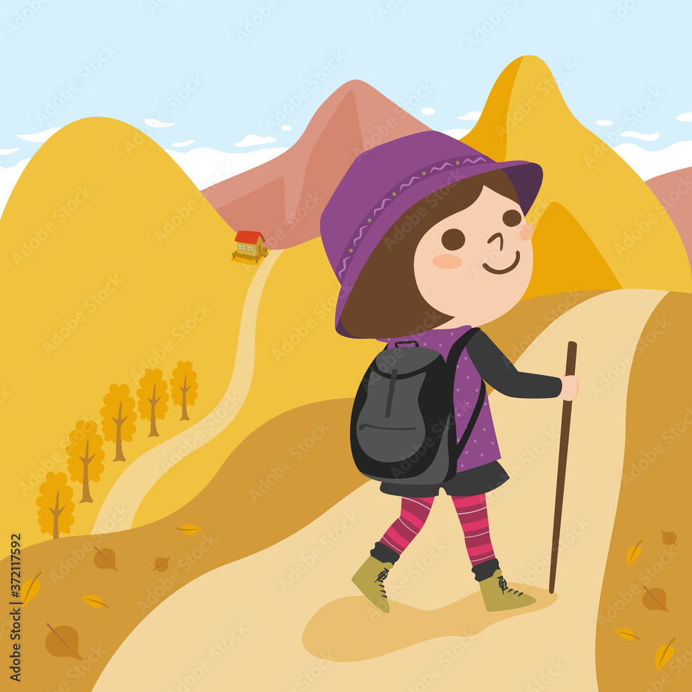 紅葉した登山のハイキングコースを散策してる女性のイラスト Stock Vector Adobe Stock