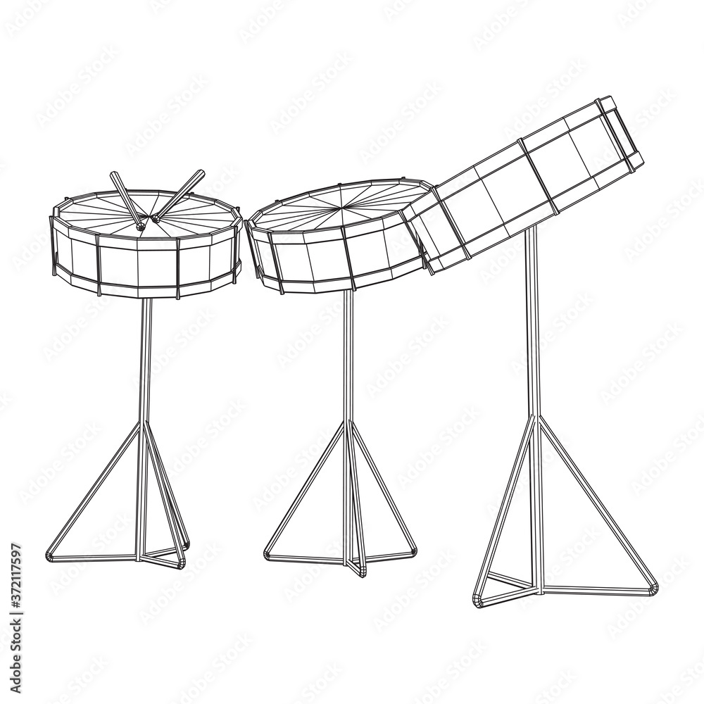 Musical instruments set. Rock band kit. Percussion musical instrument drum and stick. Wireframe low poly mesh vector illustration. Musical instruments set. Rock band kit. Percussion musical instrument drum and stick. Wireframe low poly mesh vector illustration.