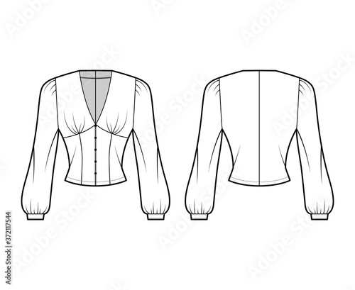 Blouse technical fashion illustration with long bishop sleeves, plunging V-neckline, puffed shoulders, slim fit. Flat shirt apparel template front, back, white color. Women, men unisex top CAD mockup
