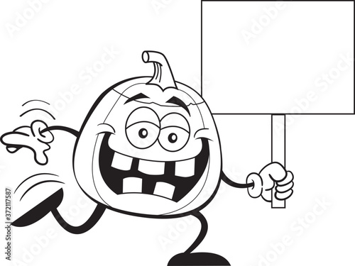 Black and white illustration of a carved pumpkin running while holding a sign.