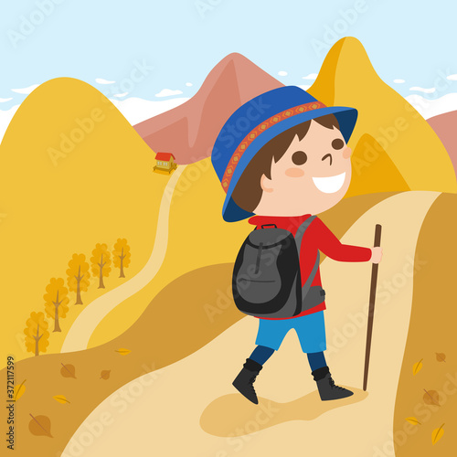紅葉した登山のハイキングコースを散策してる男性のイラスト。