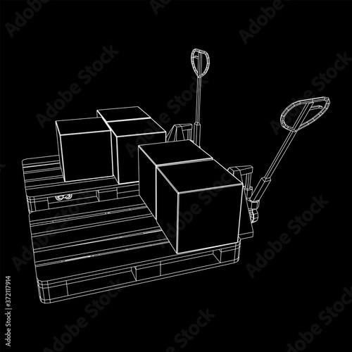 Hand pallet jack lift with pallet and stacked goods cardboard boxes. Manual forklift. Logistics shipping concept. Wireframe low poly mesh vector illustration.