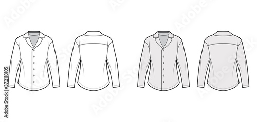 Shirt technical fashion illustration with relaxed fit retro camp collar, back round yoke, front button fastenings, long sleeves. Flat apparel template front back white grey color. Women men unisex top