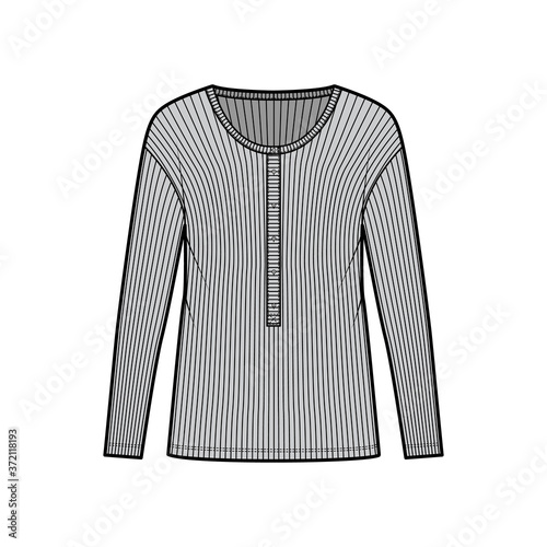 Ribbed classic men's styles cotton-jersey top technical fashion illustration with long sleeves, scoop henley neckline. Flat outwear shirt apparel template front, grey color. Women men unisex knit CAD