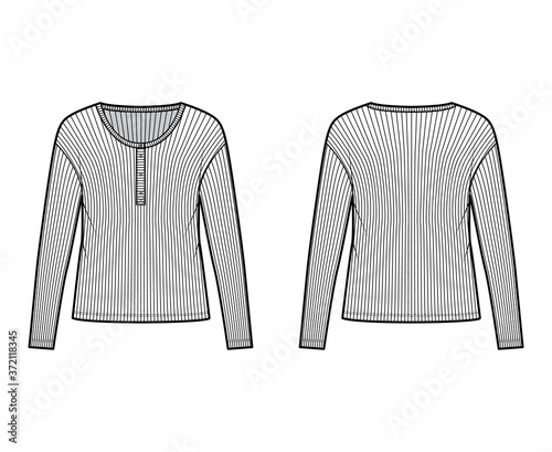 Ribbed classic men's styles cotton-jersey top technical fashion illustration with long sleeves, scoop henley neckline. Flat shirt apparel template front, back, white color. Women men unisex knit CAD