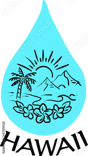 Hawaiian Palm Tree Tropical Floral Pattern On Blue Water Droplet. Hawaii Patterns with Plumeria, Beach, Sun, mountains