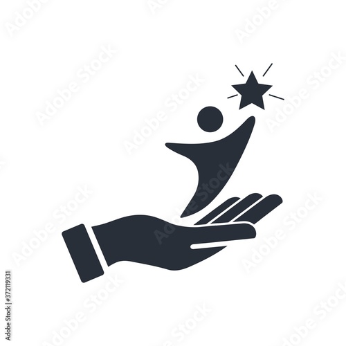Hand and figurine of a man striving for a star. Support aspiration. Vector icon isolated on white background.