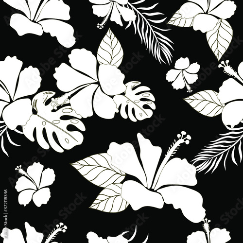 Hibiscus Flower Hawaiian Floral Pattern On Black Background. Tropical Flower Seamless repeat patterns