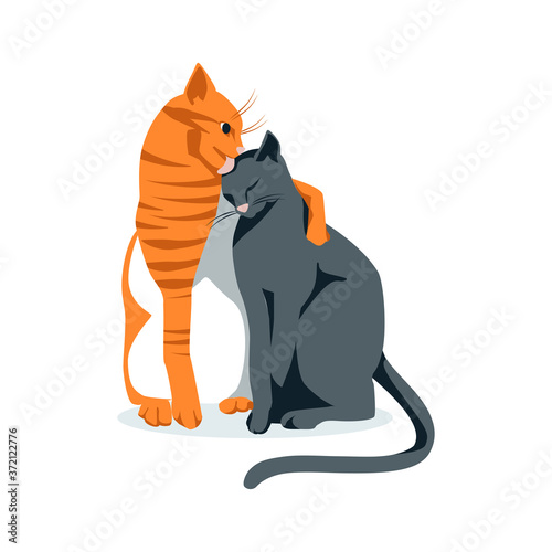 Cute red tabby cat licking another. Loving couple of two hugging cats pet animals cartoon vector illustration isolated on white background
