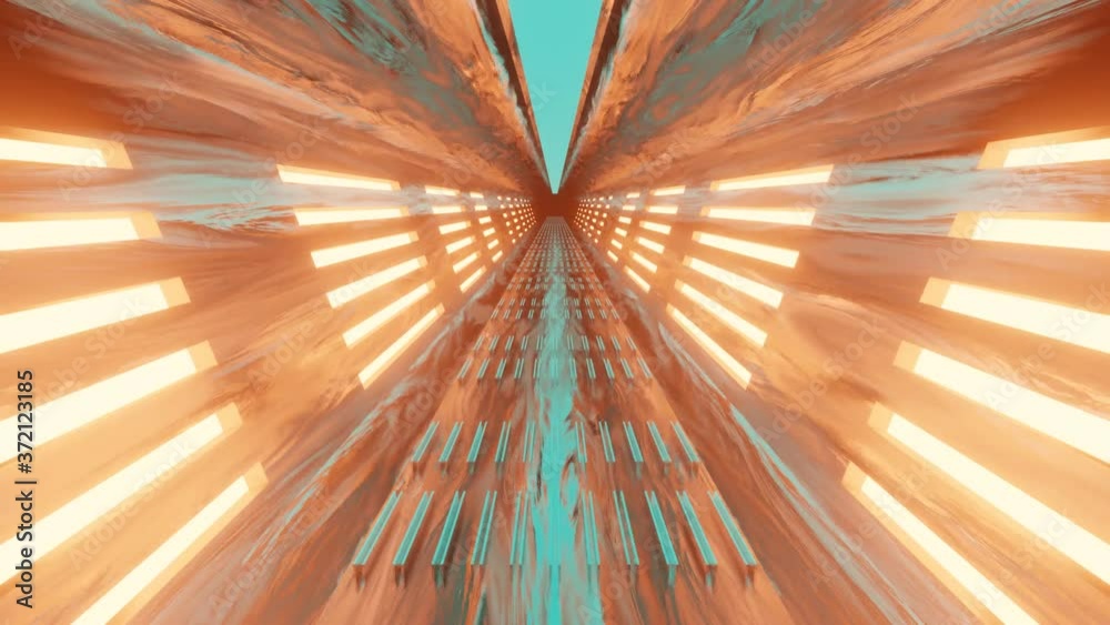 HD video animation of abstract energy tunnel with beautiful lighting in space. sci-fi seamless loop flying into spaceship tunnel, 3D render VJ.