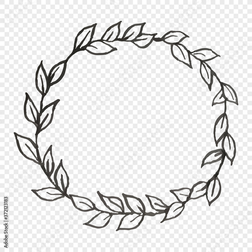 Vector hand drawn round flower garland frame brush paint stroke black ink. Transparence background. Line art and doodle. This design for tattoo, decoration, pattern, and more.
