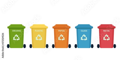 Multi colored trash cans isolated on white background. Waste bins with icons of ecological processing of products. 