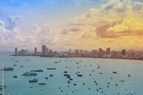 Pattaya city of the building and skyscrapers on sea with morning at Chonburi province, Thailand