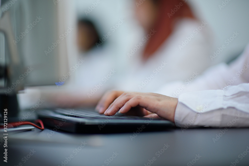 Fototapeta premium closeup hand typing keyboard, working with laptop, business man,