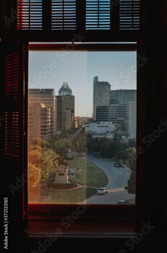 A unique view of a city through a window