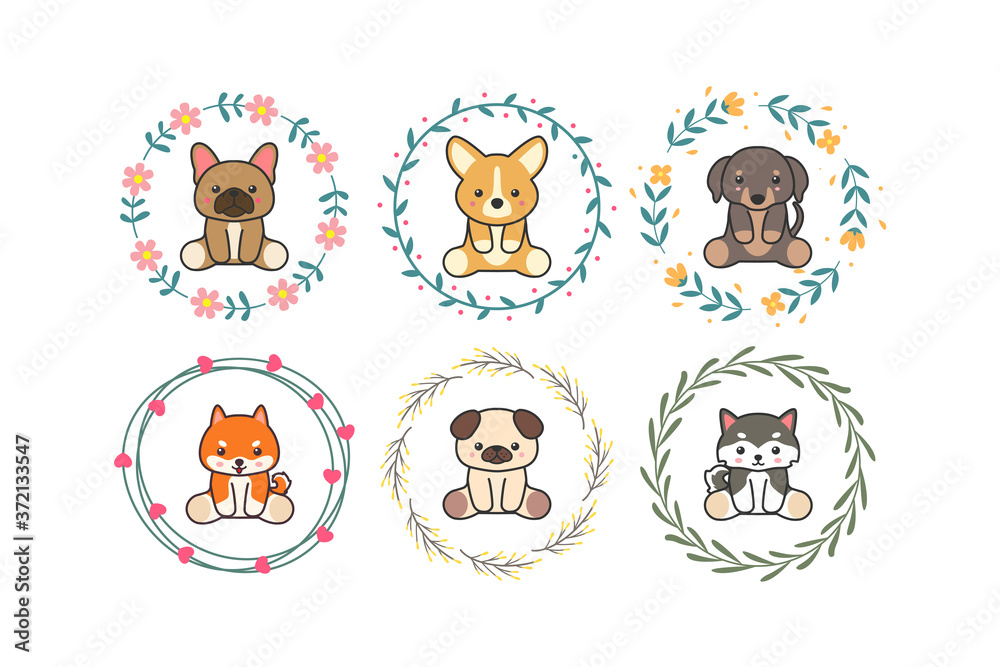 Cute baby dog animal with floral wreath or flower border cartoon hand drawn style Cute baby dog animal with floral wreath or flower border cartoon hand drawn style