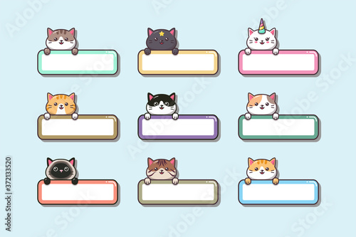Cute baby Cat with label name cartoon hand drawn style