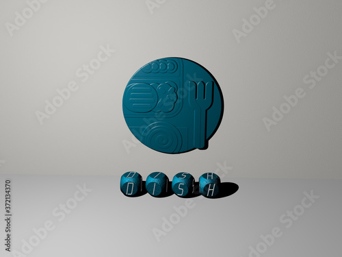 DISH 3D icon on the wall and text of cubic alphabets on the floor, 3D illustration for food and background