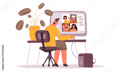 Young man having videoconference with colleagues and work from home web communication. Group of people on computer screen talking by internet. Team meeting online. Vector illustration cartoon style