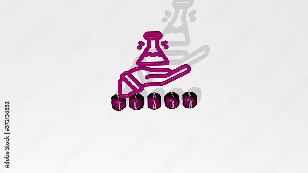 Fototapeta premium flask 3D icon over cubic letters, 3D illustration for chemical and chemistry