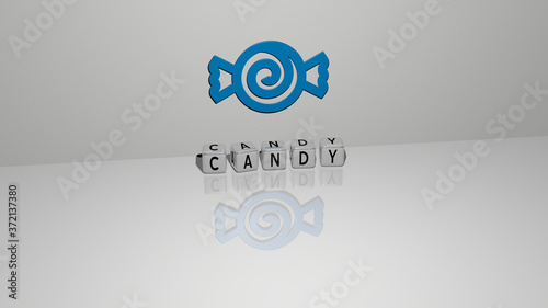 CANDY text of cubic dice letters on the floor and 3D icon on the wall, 3D illustration for background and chocolate