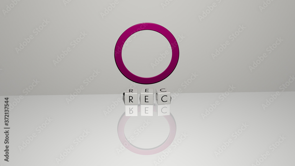 rec text of cubic dice letters on the floor and 3D icon on the wall, 3D illustration rec text of cubic dice letters on the floor and 3D icon on the wall, 3D illustration