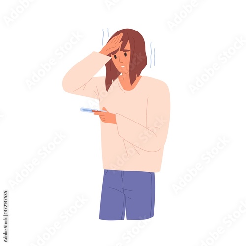 Woman with heat or influenza symptoms checking body temperature vector flat illustration. Sickness female touching head holding measurement thermometer feeling headache or fever isolated on white