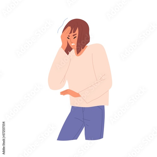 Unhappy young woman suffering from headache vector flat illustration. Sickness female with painful face expression feeling migraine isolated on white. Unwell girl with tired or depression symptoms