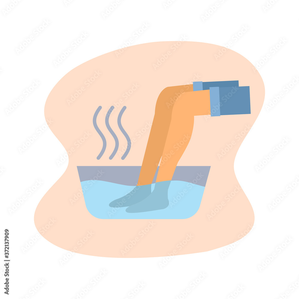 Female soaking feet in bowl filled with warm water at home or spa in flat design. Warming feet for relaxation concept vector illustration on white background. Female soaking feet in bowl filled with warm water at home or spa in flat design. Warming feet for relaxation concept vector illustration on white background.