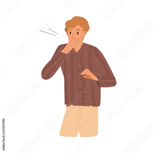 Shocked guy closed mouth by hand with surprised face expression vector flat illustration. Worried man feeling stress and amazed emotion isolated. Something went wrong. Misunderstanding or mistake