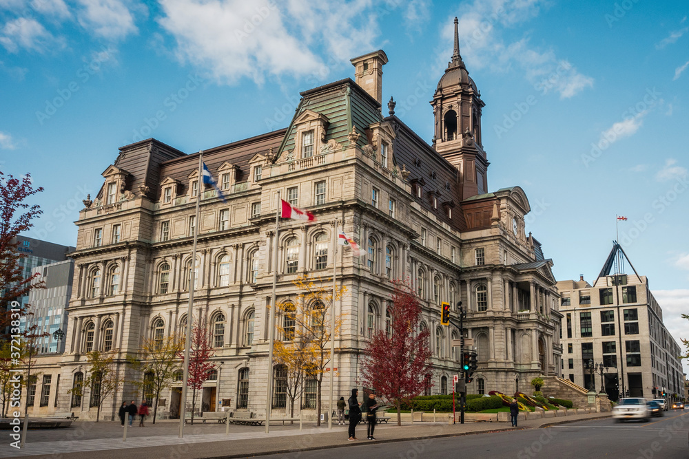 Fototapeta premium Historical landmark Montreal City Hall during fall season in Montreal, Quebec, Canada.