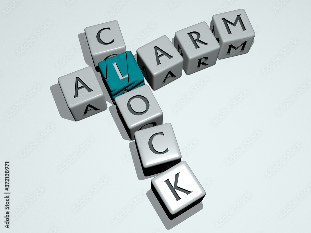 alarm clock crossword by cubic dice letters, 3D illustration for background and concept alarm clock crossword by cubic dice letters, 3D illustration for background and concept