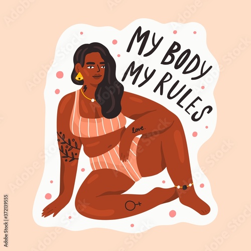Confident black skin woman with inscription My body my rules vector flat illustration. Bodypositive female with body covered tattoo sitting in swimsuit isolated. Feminism, self acceptance and liberty