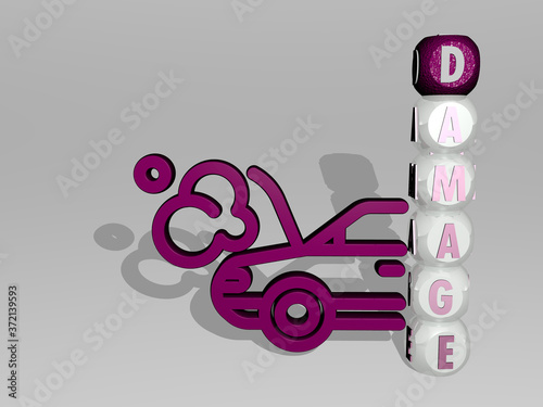 damage 3D icon beside the vertical text of individual letters, 3D illustration for background and broken photo