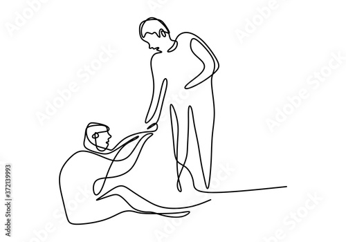 One line drawing of people help the others. Young man helping the other man who have fallen show solidarity gesture. Humanitarian day. Mutual support concept. Minimal style vector illustrations