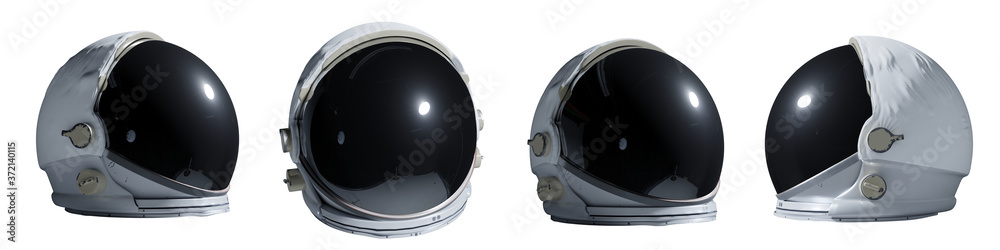 set of astronaut helmets isolated on white background