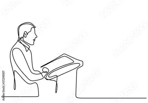 One continuous single line drawn character politics of business coach speaking. A politician giving a speech conveys his vision and mission. Speech concept with a man on podium. Vector illustration