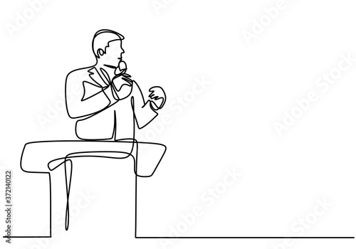 One continuous single line drawn character politics of business coach speaking. A politician giving a speech conveys his vision and mission. Speech concept with a man on podium. Vector illustration