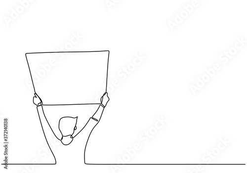 One continuous line drawing of a protester. A standing man in demonstration holding a blank paper roll to aspirate his voice. Activists protest with blank signboard concept. Vector illustration