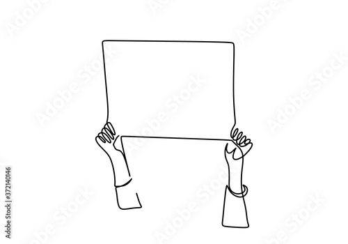 One continuous line drawing of a protester. A hand in demonstration holding a blank paper roll to aspirate his voice. Activists protest with blank signboard concept. Vector illustration