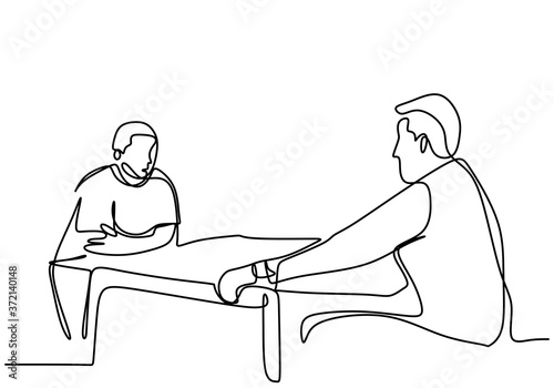 One line drawing of two sitting men in discussion. Two young male talking with seriously to discuss a problem isolated on white background. Problem solving concept. Vector illustration