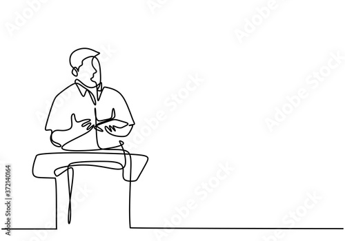 One continuous single line drawn character politics of business coach speaking. A politician giving a speech conveys his vision and mission. Speech concept with a man on podium. Vector illustration