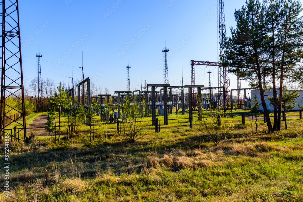 Obraz premium View on high voltage distribution substation of the factory